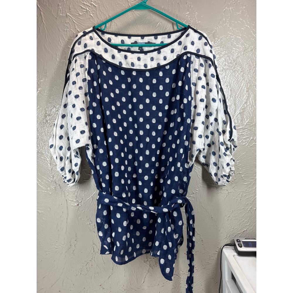 Anthropologie Eva Franco Polka Dot Linen Woven Top Blue White‎ Size 10